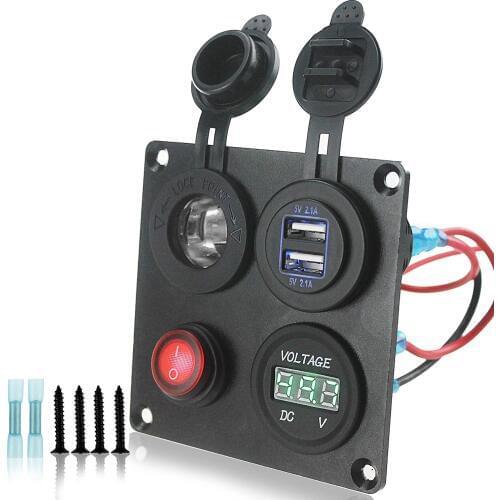DIY 12-24V Voltmeter Cigarette Lighter 4.2A Dual USB Charger Switch 4 Hole Aluminum Panel Plate for Truck Boat Marine Trailer