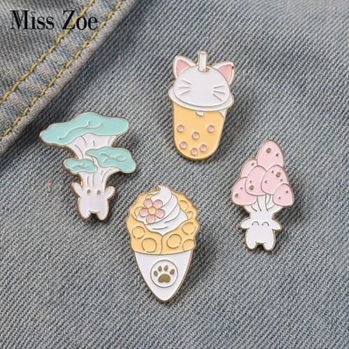 Food Enamel Pins Mushroom Ice Cream Boba Tea Cat Paw Brooches Bag Hat Lapel Pin Cartoon Badge Jewelry Gift Kids Girl