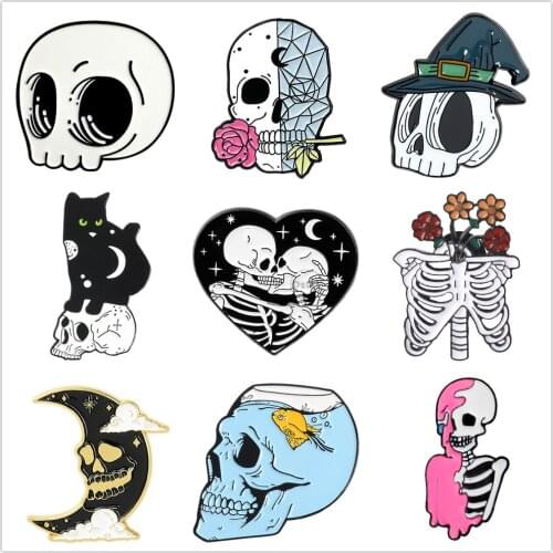 Rose Skull Enamel Pins Cute Skeleton Lapel Badges For Clothes Cool Stuff Jewelry Collar Brooches Gifts Accessories For Friends