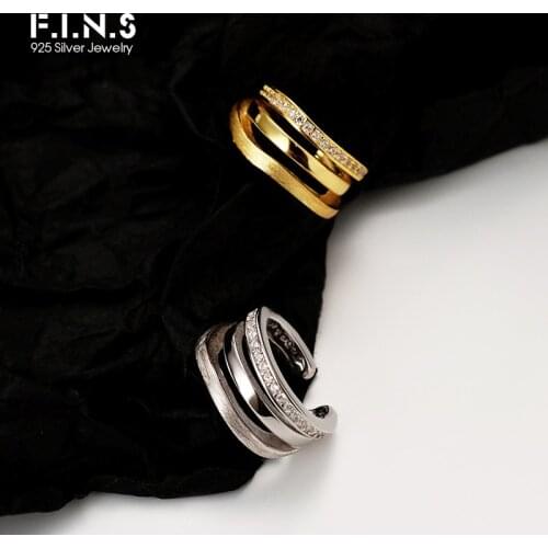 F.I.N.S 1PC Korean Original Design S925 Sterling Silver CZ Paved Ear Clip Hollow Brushed Line Layered Wide Ear Cartilage Cuff