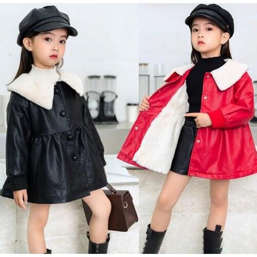 Girls leather jacket winter plus velvet thick warm jacket quilted leather girl solid color fashion leather jacket girl coat