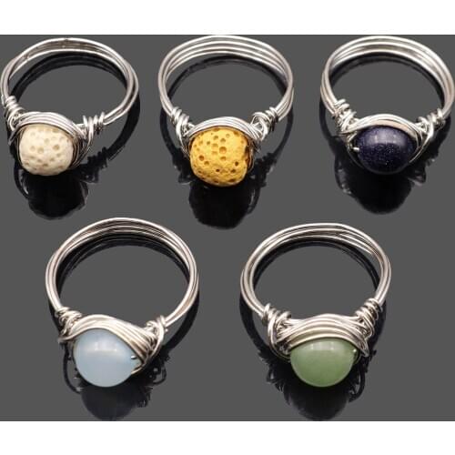 Healing Reiki Rings Silver-color Wire Wrap Round Bead Rose Quartz Crystal Stone Handmade Rings DIY Retro Women Jewelry