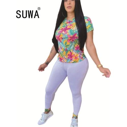 Hot recommend style joggers women clothing sets tie sye tee shirts + high waist pants trousers stacked legging chic suit