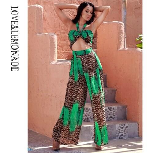 LOVE&LEMONADE Sexy Two-Pieces Elastic Top High Waist Green Leopard Print Chiffon Set LM83185