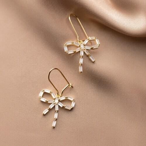Fashion Jewelry S925 Sterling Silver Earring Minimalist Chic Bowknot Zircon Short Dangle Drop Earrings Women Party Birthday Gift