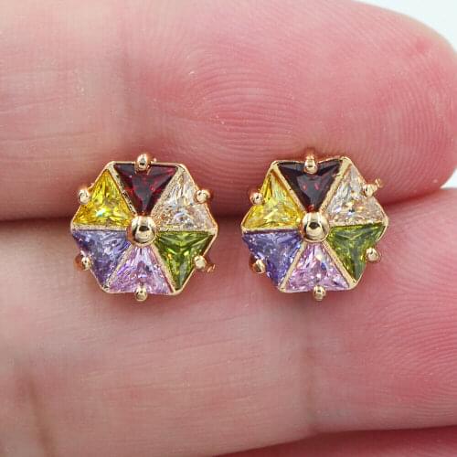 Gold Color Fashion Geometric Hexagon Rainbow CZ Stud Earrings for Women Party Jewelry