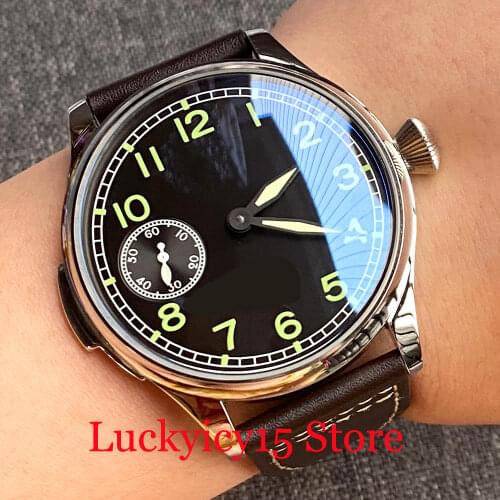 Nologo 44mm Mechanical Hand Winding Men Watch Black Dial Leather Band Seeing Glass Back Steel Case
