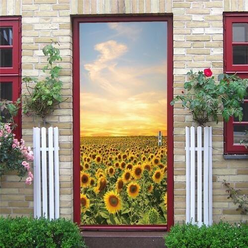 Sunflower Stickers on the Doors DIY Peel and Stick Wallpaper Landscape Vinyl Waterproof Removable Poster Home Design deursticker