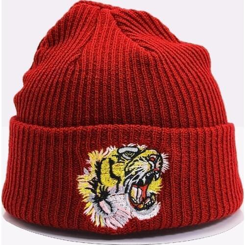 2021 New Autumn Winter Warm Cotton Beanie Knitted Embroidery Tiger Cap For Men Women Couple Hats Skullies Scarf Soft Wool Gorros