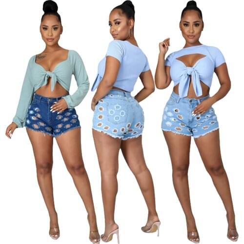 Casual Women Jeans Short Pants Ripped Hollow Out Streetwear Skinny Fitness Jeans Clothes For Women Outfit