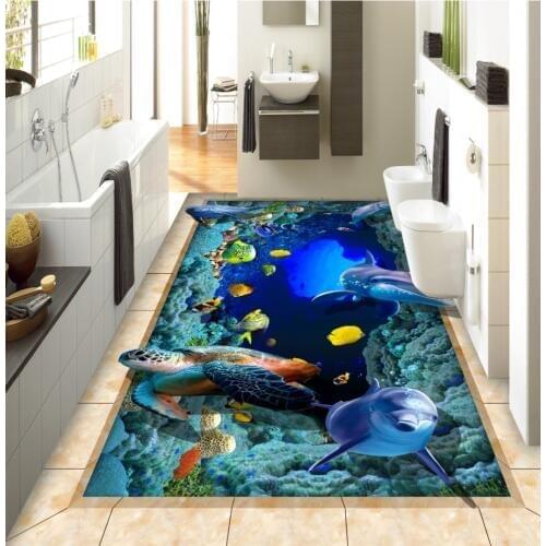Floor Decoration Mural Self-adhesive Ocean World Dolphin Tropical Fish 3D Stereo Painting Floor
