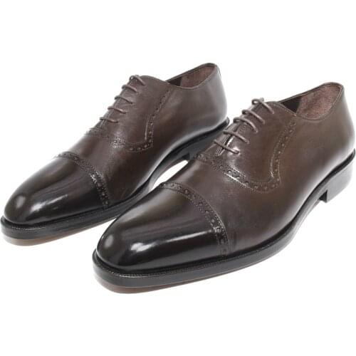 SHENBINS Brown Oxford Shoes with Shiny Cap Toe, Genuine Leather Soles, Full Leather Insoles, Handmade Classic Business Footwear
