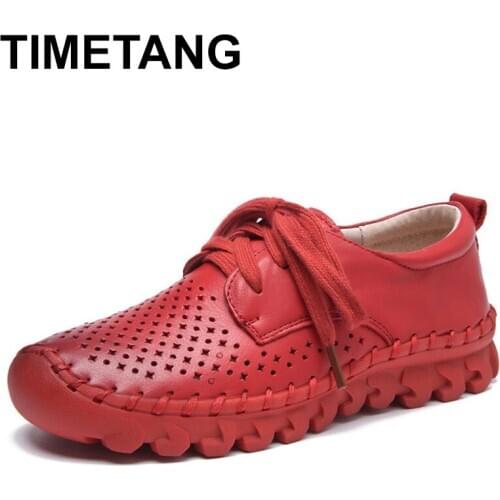 TIMETANG New Design Summer Breathable Women Flat Shoes Comfortable Lace Up Real Leather Flat Shoes Women Handmade Casual Shoes