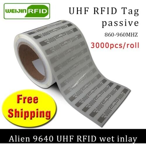 UHF RFID tag sticker Alien 9640 EPC6C wet inlay 915mhz868mhz860-960MHZ Higgs3 3000pcs free shipping adhesive passive RFID label