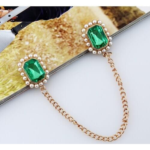 Vintage Green Crystal Rhinestone Brooch Metal Tassel Chain Jewelry for Women Men Suit Shirt Collar Lapel Pin Accessories Gifts