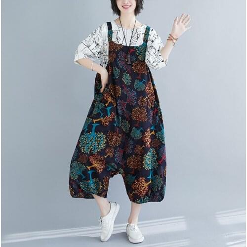 Printed Plus Size Women Jumpsuit National Style Monos Mujer 2021 Summer Fashion Piece Pants Loose Female Strap Macacao Feminino