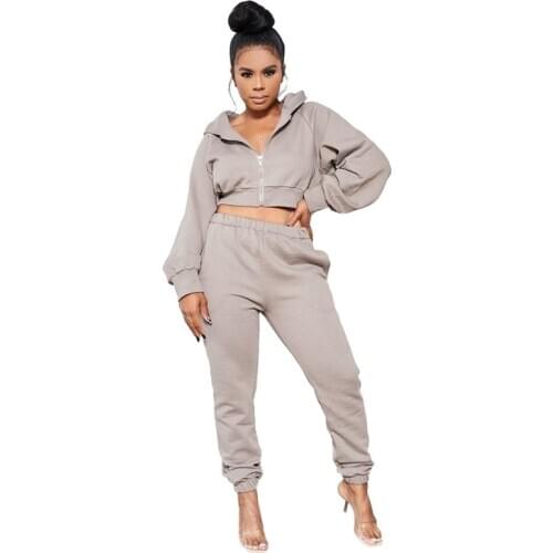Women Solid 2Pcs Sweatshirt Set Track Pants Suit Winter Zipper Hooded Crop Jacket and Sweatpants Tracksuit Plus Size Pink Orange