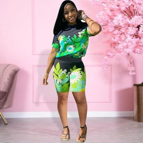 Floral Print Vintage Two Piece Set Women Summer Streetwear Short Sleeve Loose T-shirt+bodycon Biker Shorts Matching Outfit New