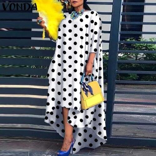 Women Vintage Polka Dot Midi Dress 2021 VONDA Sexy 3/4 Sleeve Party Dresses Behemian Asymmetric Hem Party Vestido Oversized Robe