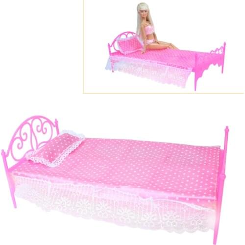1 set 1:6 Doll Bed + Pillow + Bedsheet 1/12 Doll House Bedroom Furniture Accessories for Barbie Doll Toy Purple Pink