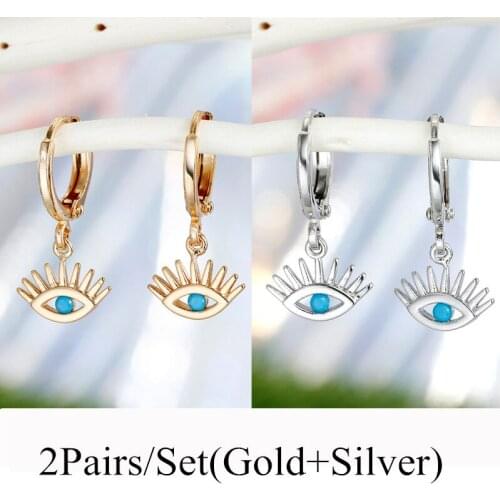 2Pairs Bohemian Vintage Evil Eye Small Hoop Earrings For Women Simple Cute Chic Hollow Eye Pendant Stud Earrings Jewelry Gift