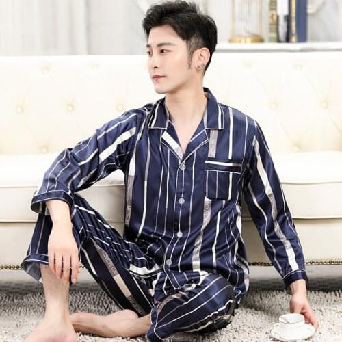 2020 Hot Sale High Quality Mens Silk Satin Pajama Set Luxury Long Sleeve Nightwear Suit Print pajamas Home Service Mens Clothes