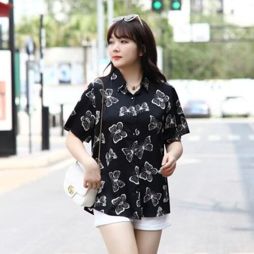 2XL To 7XL Plus Size Women Blouses Korean Style Butterfly Print Short Sleeve Summer Shirts Retro Women Tops T9365