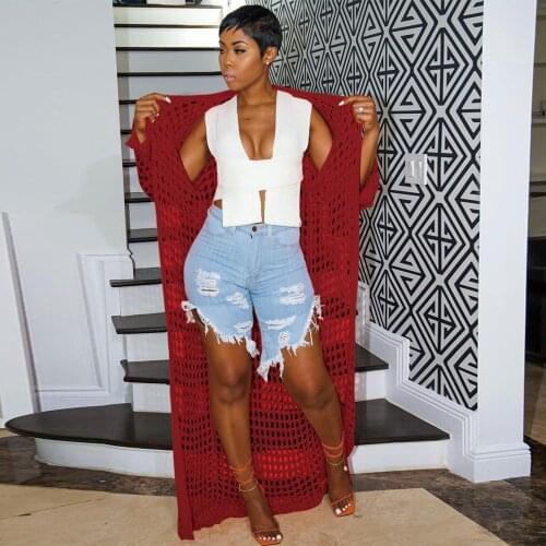 Fishnet Hollow Out See Through Loose Cardigan Women Long Sleeve Plaid Knitted Open Stitch Summer Beach Style Ankle Length Coat