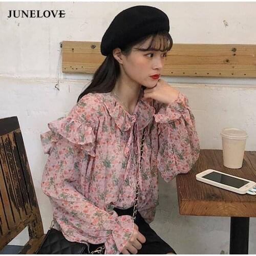 JuneLove 2020 spring women elegant lace up blouse lady chiffon ruffled street shirts female butterfly sleeve floral boho tops