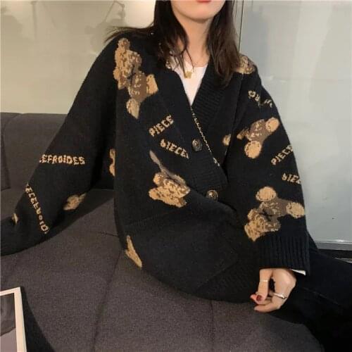 Korean Cute Bear Print Cardigan Women Fashion Loose Oversized Student Knitted Sweater Autumn Winter Harajuku Red Black Sweaters