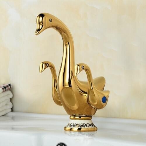 Bathroom Basin Faucet Solid Brass Swan Faucet Sink Mixer Crane Tap Hot & Cold Deck Mounted Double Handle Gold/Rose Gold/Chrome