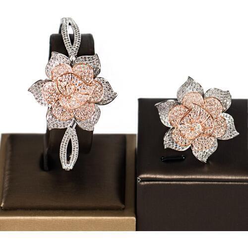 LAN PALACE fashion jewelry womens accessories cubic zirconia bridal jewelry set flower bangle and ring set free shipping