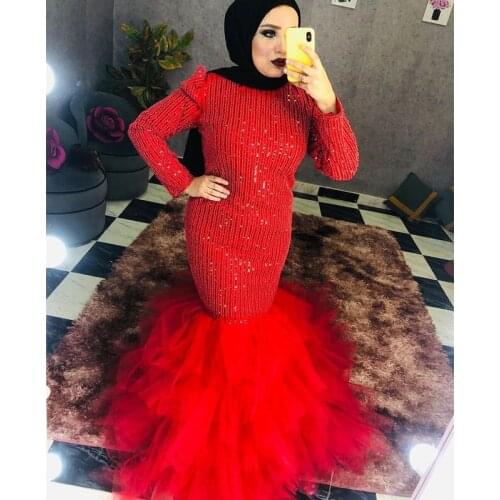 Red Sequin Mermaid Muslim Evening Dresses High Neck Long Sleeve Tulle Bottom Plus Size Prom Gown