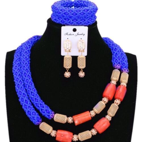 Dudo Store Nigerian Jewelry Set For Women Royal Blue and Orange African Wedding Jewellery 2 Rows Beaded Crystal+Nature Coral