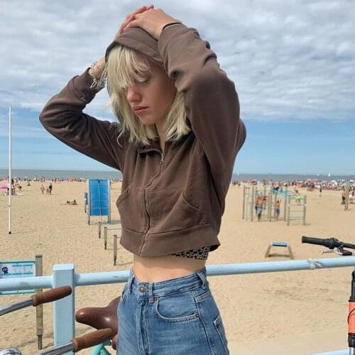 Autumn Fashion Women Cropped Sweatshirts 90s Longslive Female Streetwear Brown Aesthetics Zip Up Hoodies Harajuku