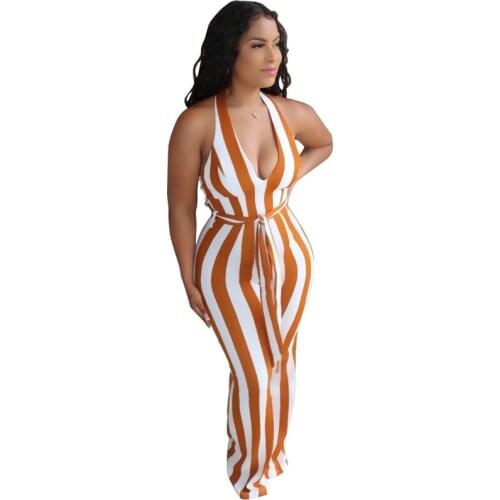 Striped Sexy Backless Long Jumpsuit Summer Halter Party Club Women Jumpsuits Streetwear Deep V Neck Bodycon One Piece Jumpsuit