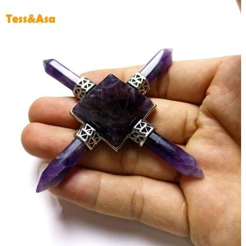Reiki Healing Purification Balance Indian Chakra 4 Point Pyramid Natural GemStone Energy Generator White Purple Crystal Obsidian