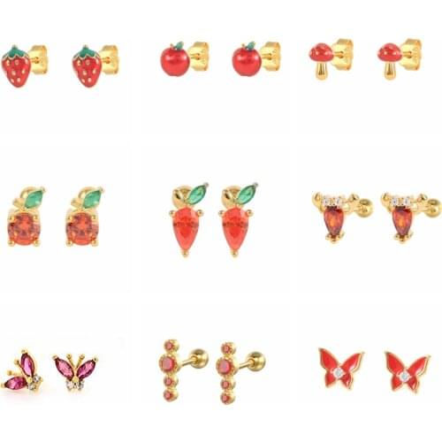 925 Sterling Silver Stud Earrings Red Crystal Wedding Earring For Lovers' Couples Cute Fruit Butterfly Love Enamel Fine Jewerly