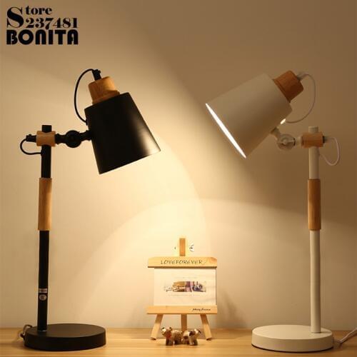 Nordic bedside table lamps for bedroom LED eye protect students dorm reading desk lamp Rotating Wood Iron table light