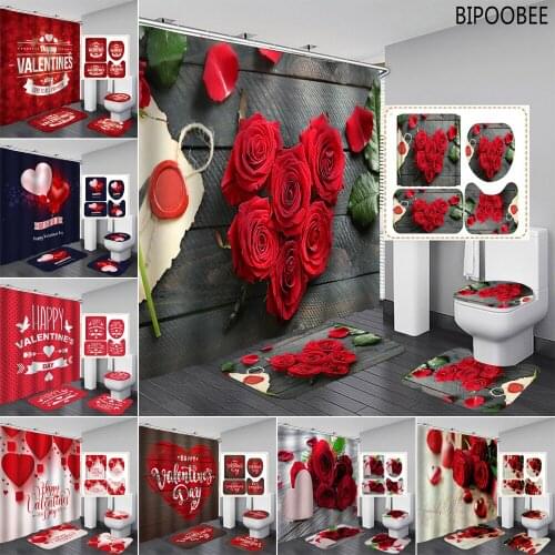 Rose Flower Fabric Shower Curtain Waterproof Bathroom Curtains Bath Mats Rugs Pedestal Rug Flannel Toilet Cover Non-slip Carpet