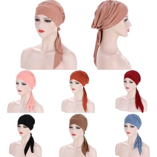Muslim Pre-Tied Scarf Solid Color Chemo Bonnet Caps Women Turban Hat Headwear Headscarf Wrap Cancer Bandanas Hair Accessories