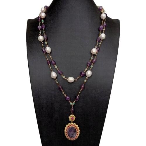 Y.YING 2 Rows White Pearl Purple Amethyst Amazonite Chain Necklace Amethyst Pendant 21"