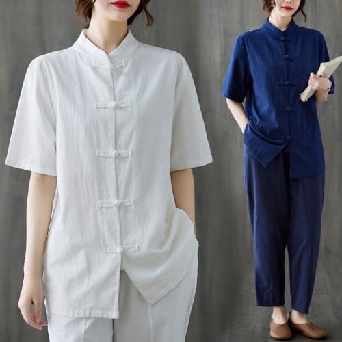 2021 Summer Chinese Style Retro Cotton and Linen Tea Art Clothing Short Sleeve Stand Collar Tang Suit Hanfu Top Women