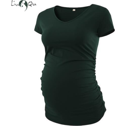 Womens V-neck Side Ruched Maternity Clothes T-shirt Tops Pregnant Short Sleeve Fitted Pregnancy Premama Summer Classic Top Tee