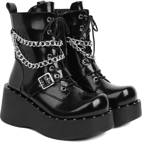 Womens Metal Chain Zipper Platform Ankle Boots Wedge High Heel Shoes Punk Warm Winter Gothic Motorcycle Lace Up Plus Size