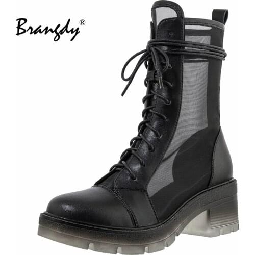 Brangdy Women Boots Mesh Summer Gothic Ankle Boot Chunky Heels Lace up Women Shoes Cow Leather Bootie Ladies Shoes size 42