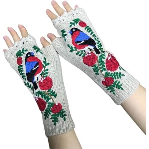 Women Winter Knit Lengthen Wrist Fingerless Gloves Colorful Animal Embroidery Crochet Thumbhole Mittens Arm Warmers