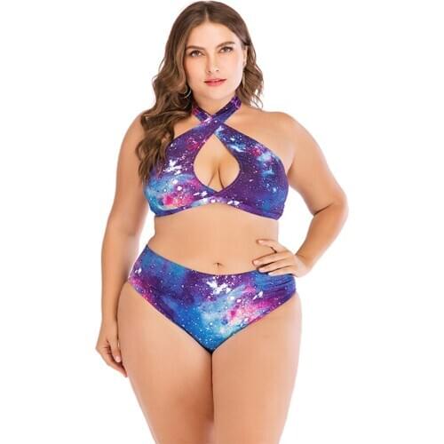 Women Plus Size Starry Sky Swimsuit High Waist Bikini Set Criss-Cross Push Up Bathing Suit Swimwear Two-piece Suits XL 2XL 5XL
