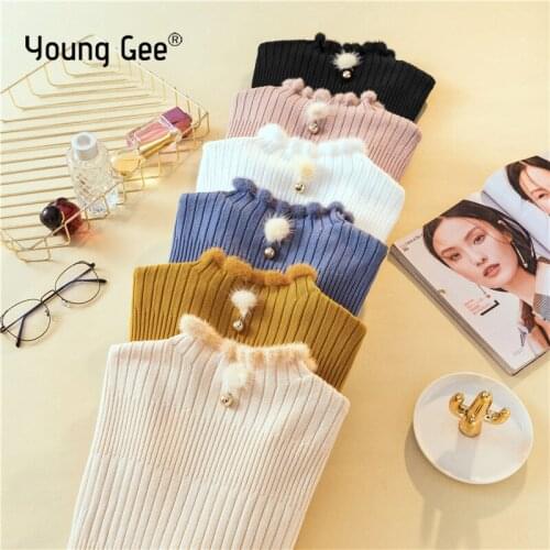 Young Gee Faux Rabbit Fur Turtleneck Sweater Women Long Sleeve Slim Knitted Pullover 2019 Warm Autumn Winter Jumper Ladies Tops