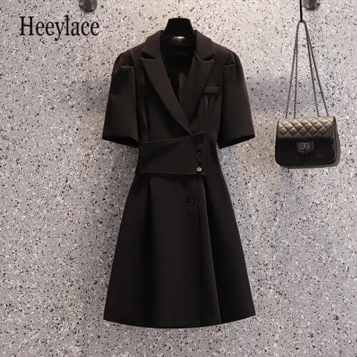 Plus Size Office Ladies Elegant Solid Summer Vestidos 4XL Short Sleeve Notched Blazer Dresses Korean High Waist A-line Dresses